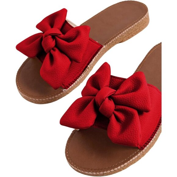 Women's Bow Red Knot Open Toe Leather Flat Slides Slippers Shoes - Picture 3 of 6